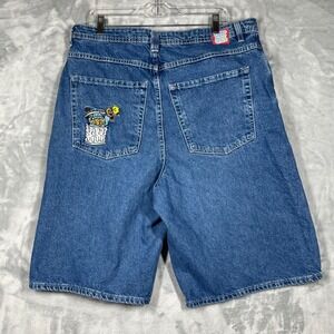 EMPYRE Denim Shorts Mens Size 34 Graffiti Cat Graphic Drawstring Blue Jeans Y2K